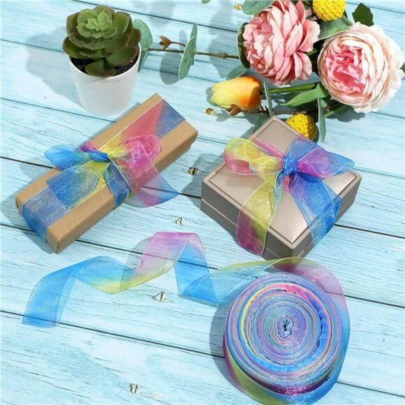 Rainbow Organza Satin Ribbon 1 Inch x 50 Yards Sheer Colorful Ribbon for Crafts - Picture 2 of 8